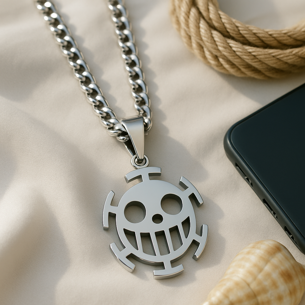 trafalgar law necklace display one piece jewels anime manga skull crew
