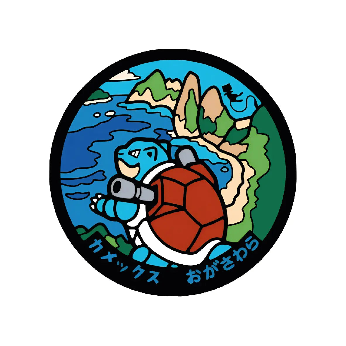Blastoise Pokémon Poké Lid vinyl sticker featuring Japanese manhole cover artwork
