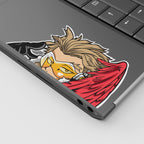 Hawks vinyl sticker from My Hero Academia displayed on a laptop