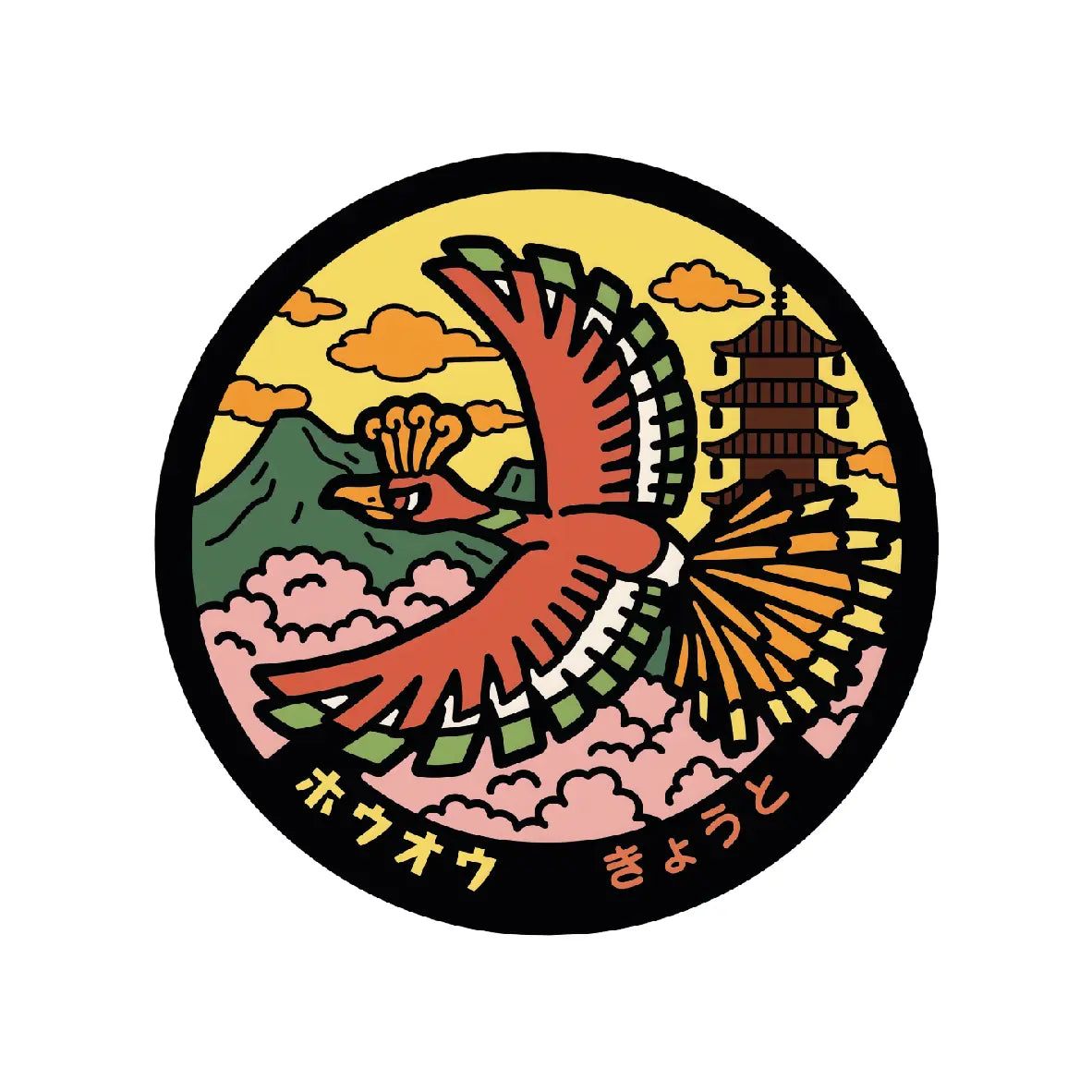 Ho-Oh Pokémon Poké Lid vinyl sticker featuring Japanese manhole cover artwork