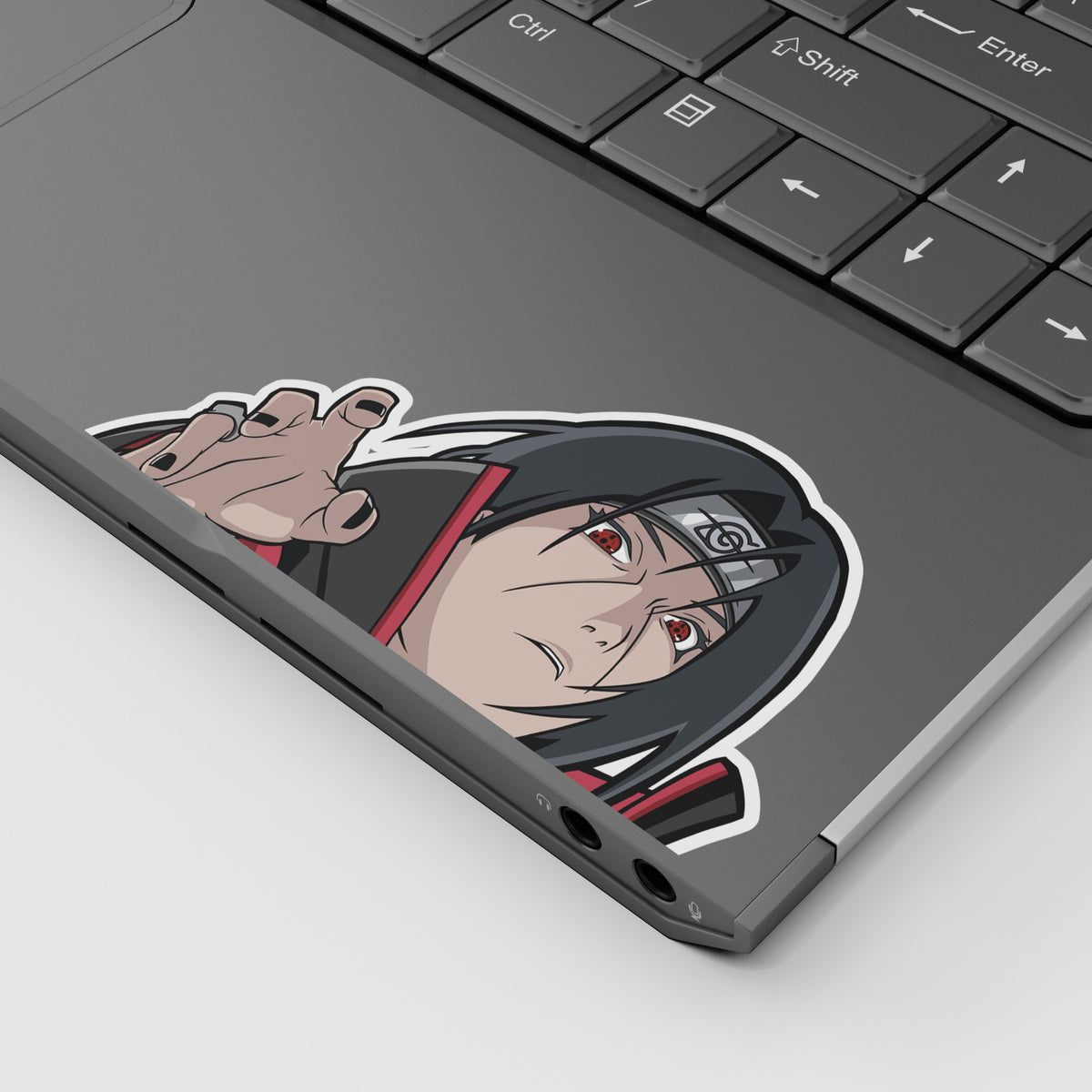 Itachi vinyl Peeker sticker displayed on laptop