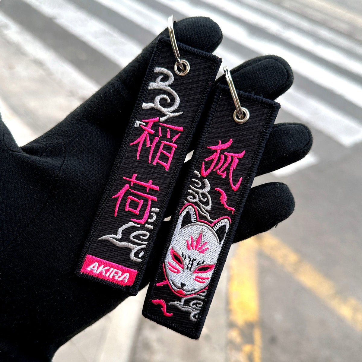 Detail of Kitsune embroidered keychain – soft fabric embroidered keychain – Akira Gallery
