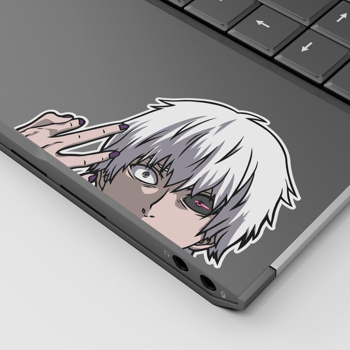 Ken Kaneki Vinyl Sticker from anime Tokyo Ghoul displayed on laptop