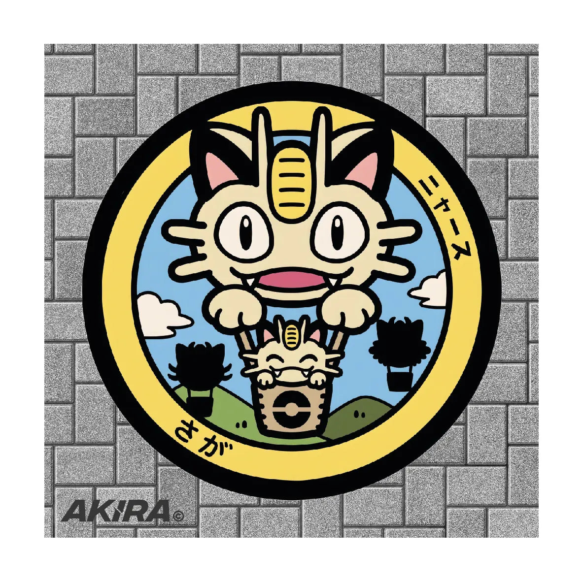 Meowth Pokémon Poké Lid vinyl sticker featuring Japanese manhole cover artwork