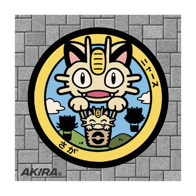Meowth Pokémon Poké Lid vinyl sticker featuring Japanese manhole cover artwork