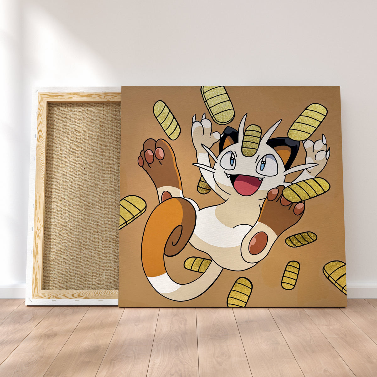 Acrylic painting of Pokemon Meowth on a 70x70 cm canvas, featuring gold leaf details and surrounded by stylized golden coins.