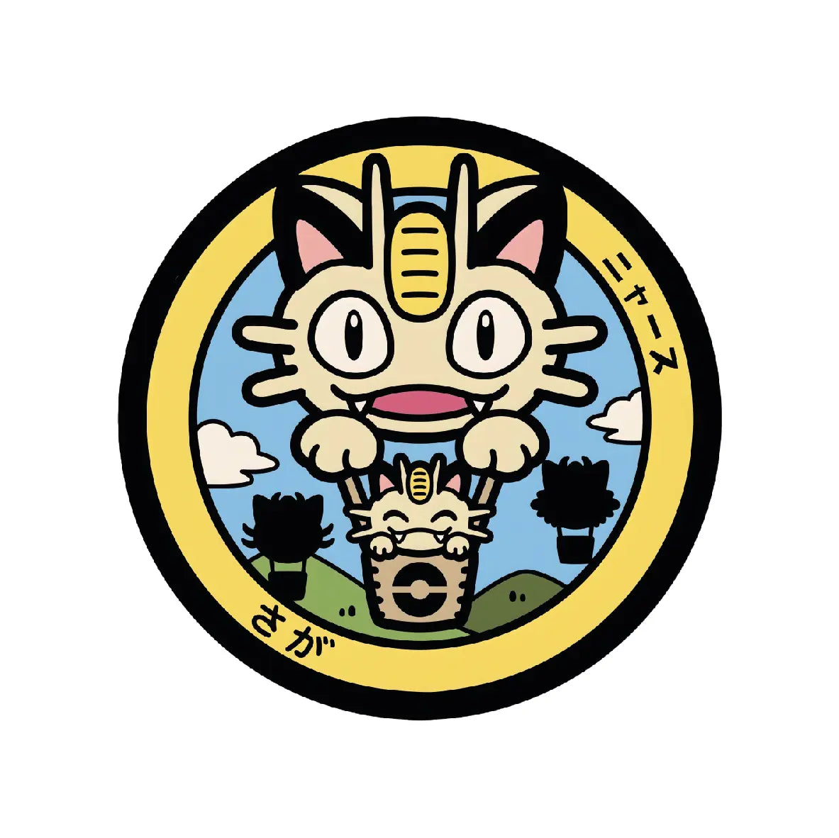 Meowth Pokémon Poké Lid vinyl sticker featuring Japanese manhole cover artwork