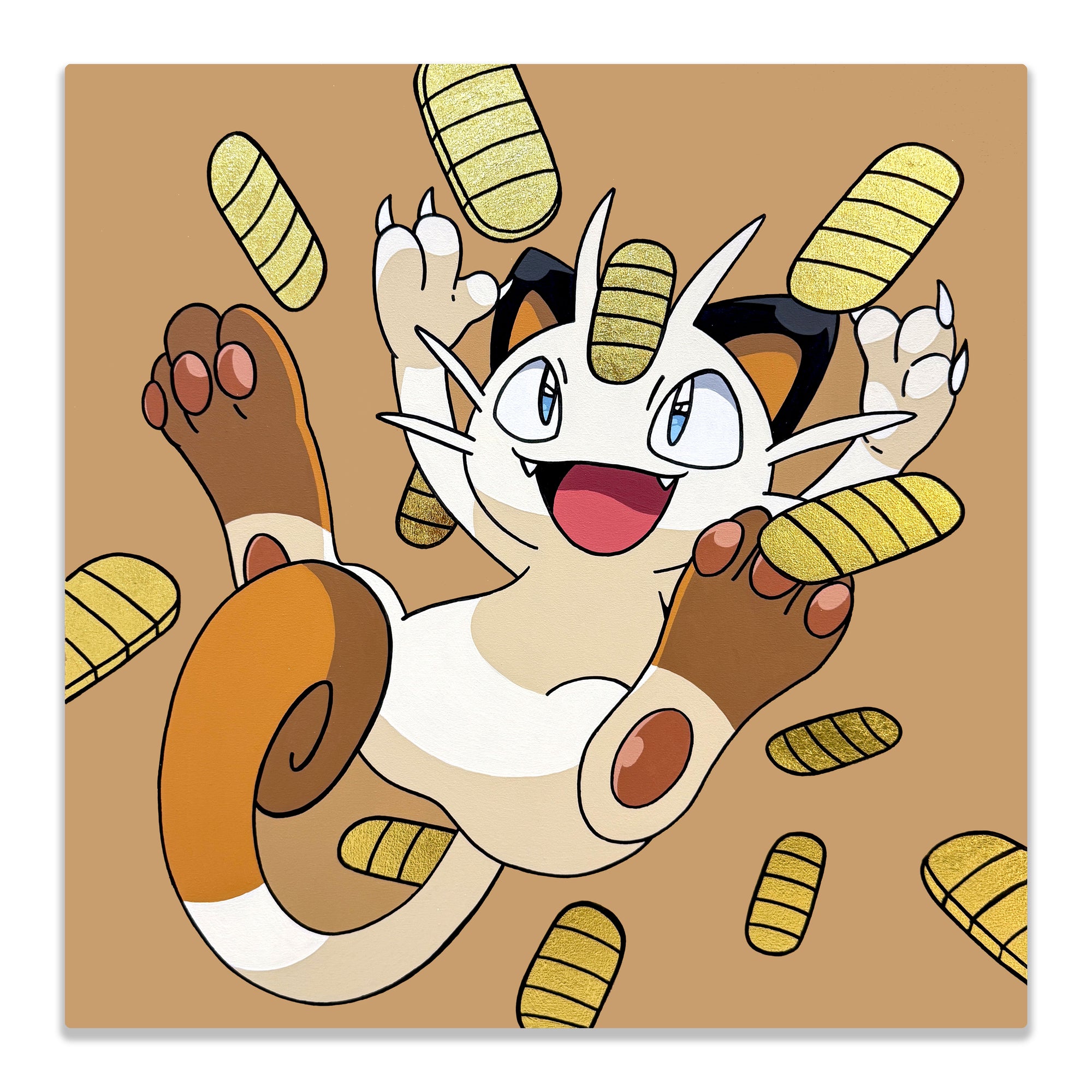 Acrylic painting of Pokemon Meowth on a 70x70 cm canvas, featuring gold leaf details and surrounded by stylized golden coins.