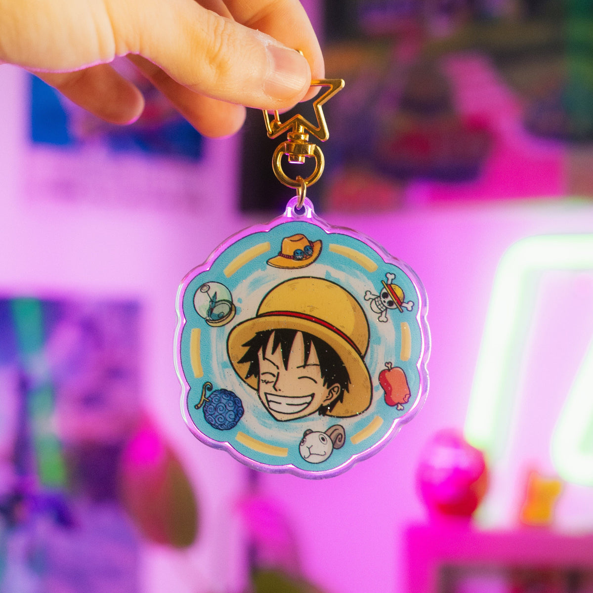 Luffy Acrylic Keychain on Display Inspired by the Anime One Piece  - Akira Gallery