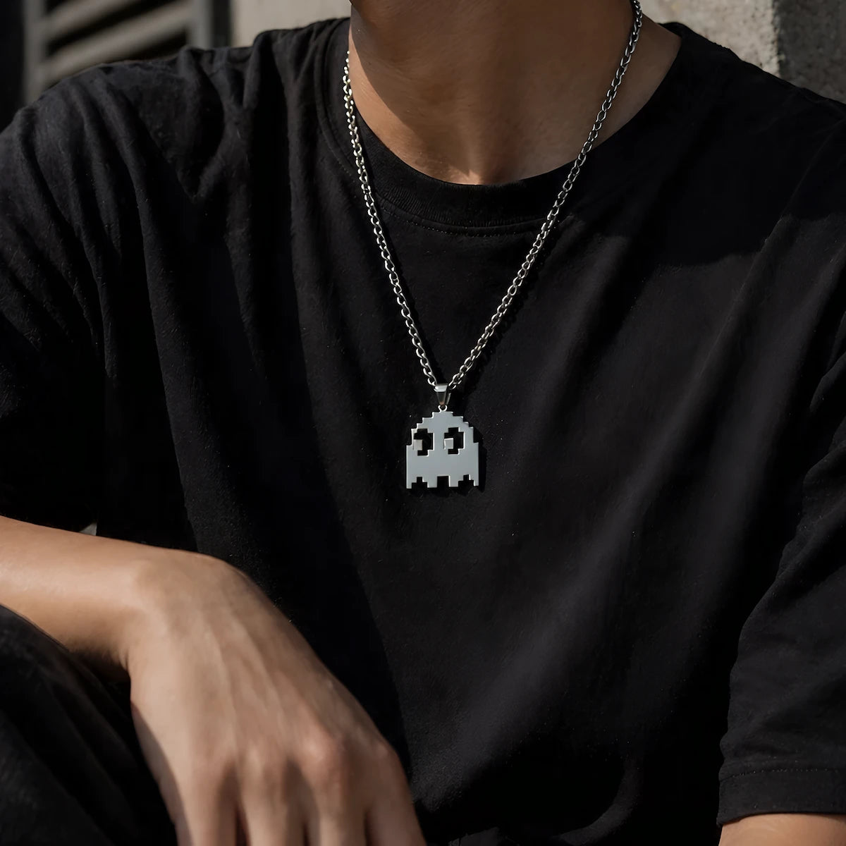 Pac Man Ghost Stainless Steel Necklace inspired by Pac Man on Display - Akira Gallery