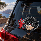 Joker Vinyl Sticker from Persona 5 Videogame in a peeker style displayed on a car window