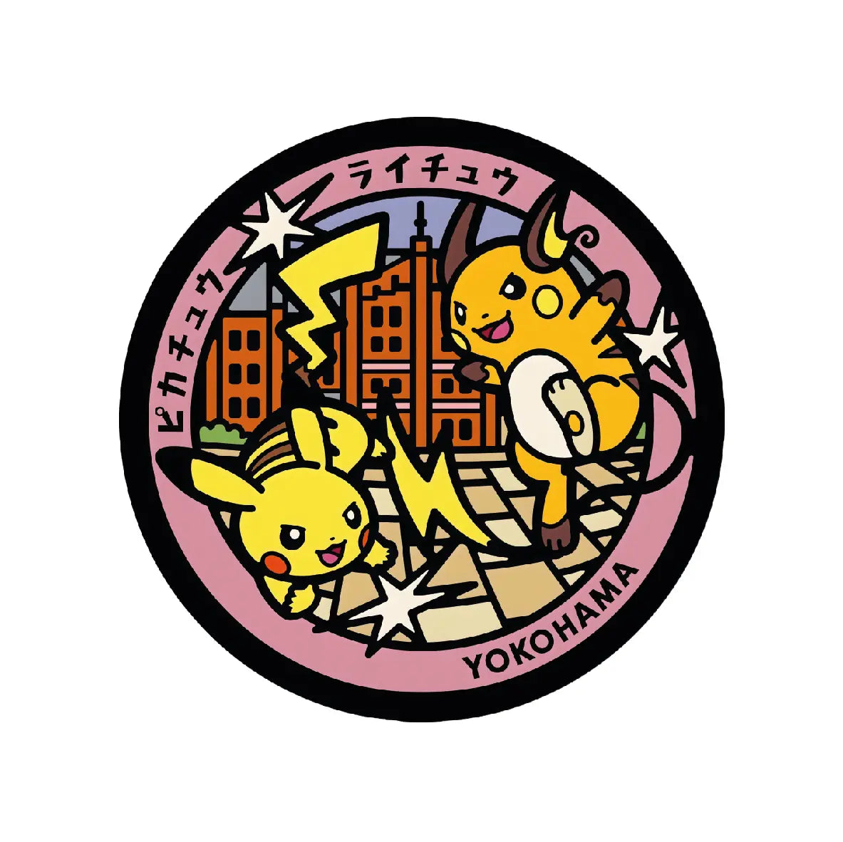 Raichu And Pikachu Pokémon Poké Lid vinyl sticker featuring Japanese manhole cover artwork