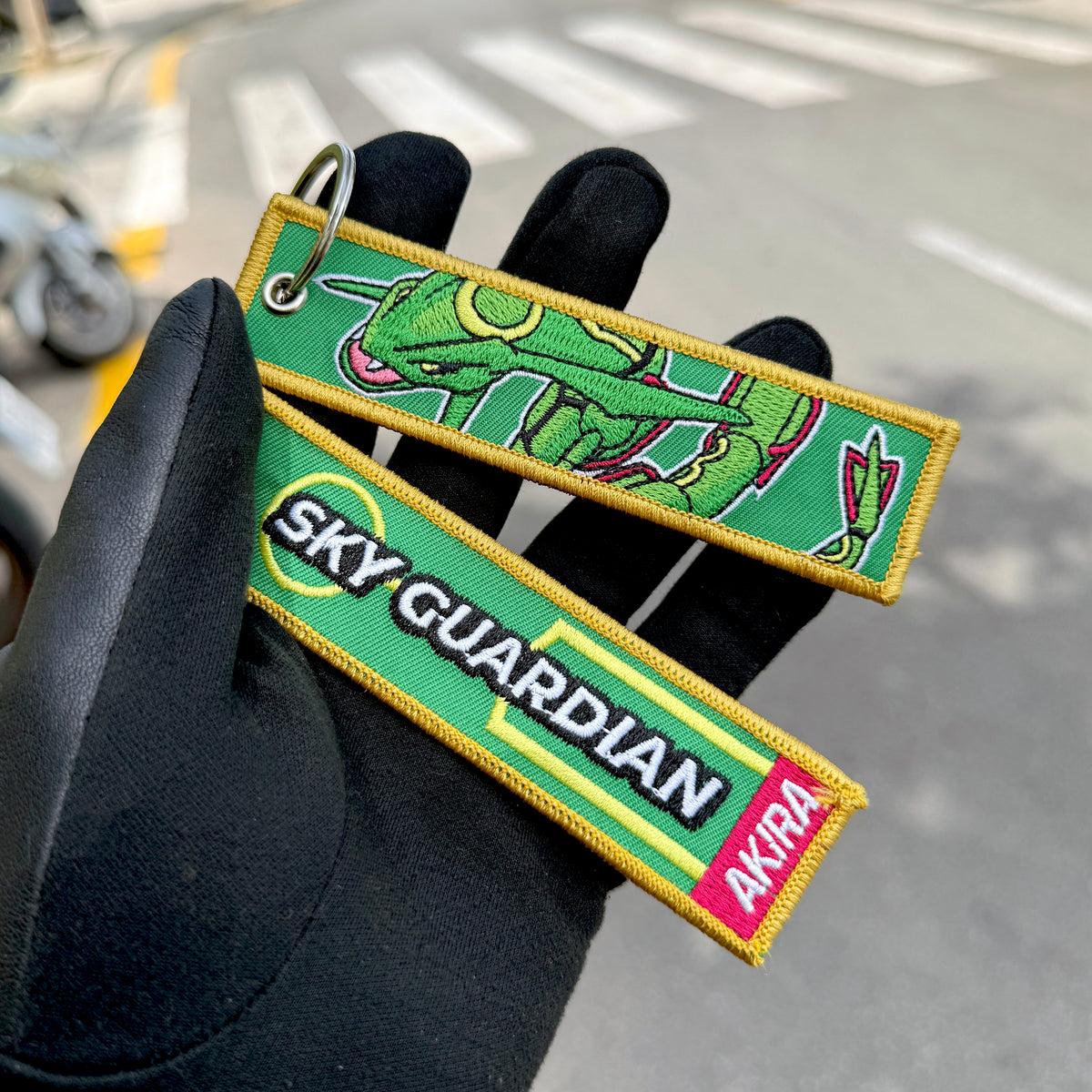 Display of Rayquaza embroidered keychain – soft fabric anime keychain – Akira Gallery
