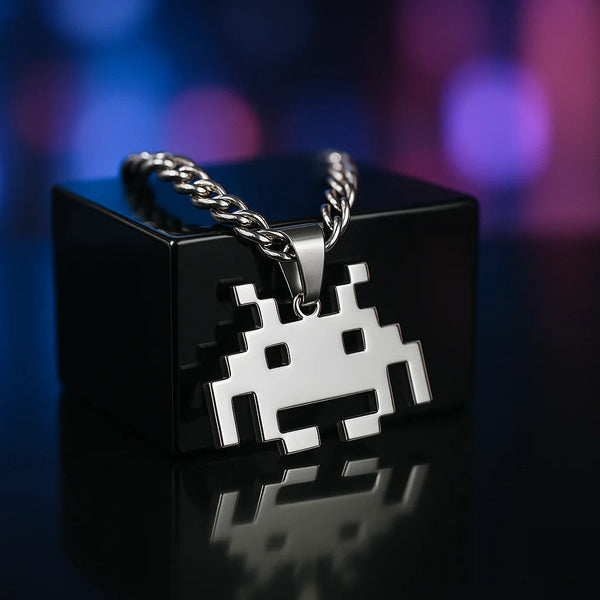 Alien Pixel  Stainless Steel Necklace inspired by Space Invaders - Akira Gallery