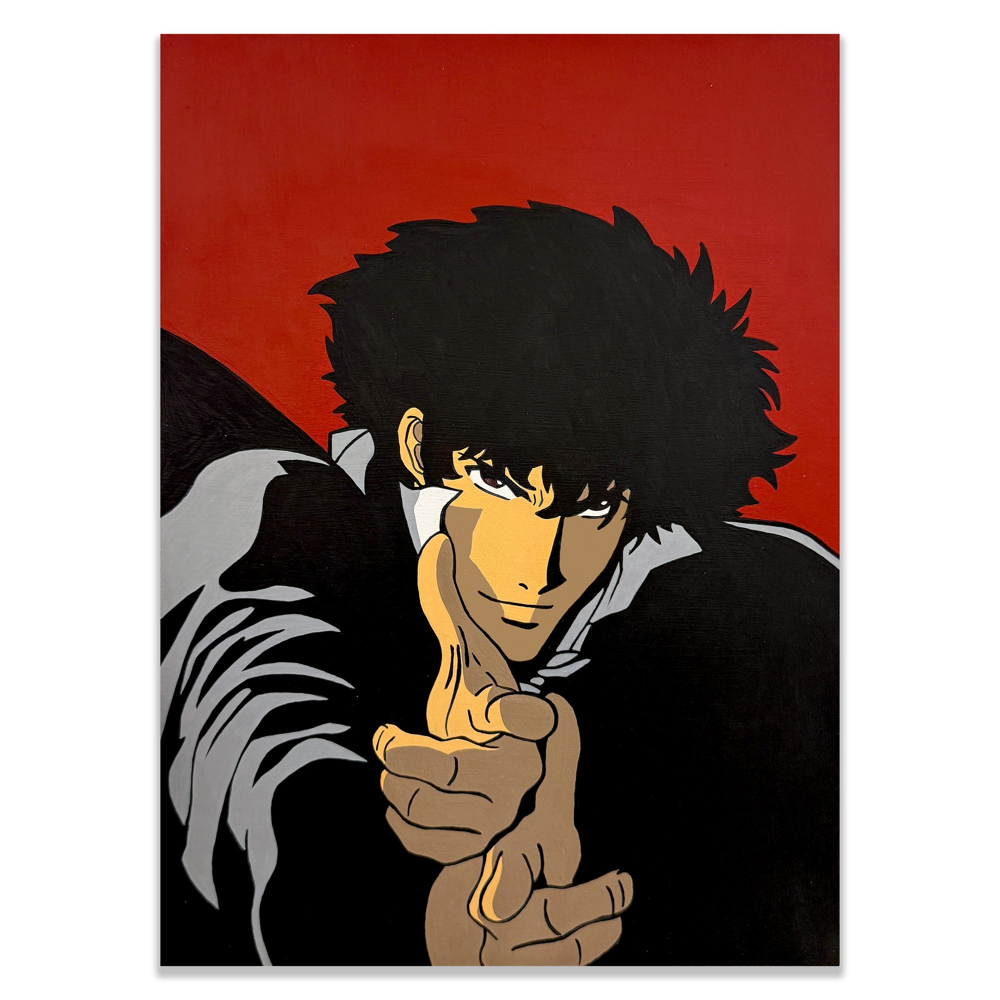 Acrylic painting of Spike Spiegel from Cowboy Bebop pointing forward, set against a red background on a 30x40 cm canvas.
