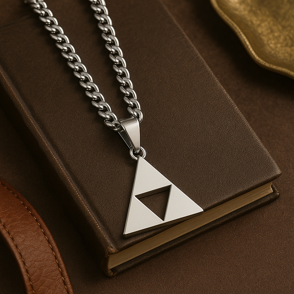 legend of zelda triforce necklace on display nintendo videogame jewels