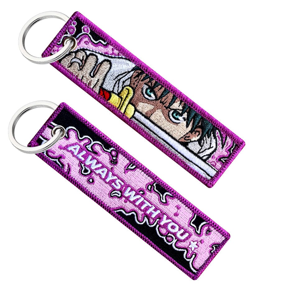 Double-sided embroidered keychain of Yuta from Jujutsu Kaisen. One side features the words &quot;Always With You&quot; with a purple smoke, and the other side shows Yuta holding his sword