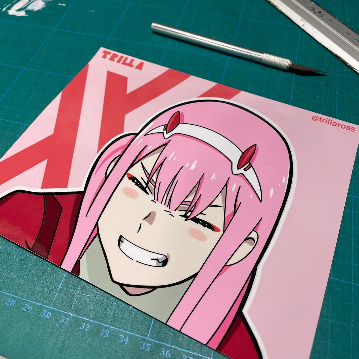 Zero Two Vinyl Sticker from anime Darling in the Franxx in a peeker style